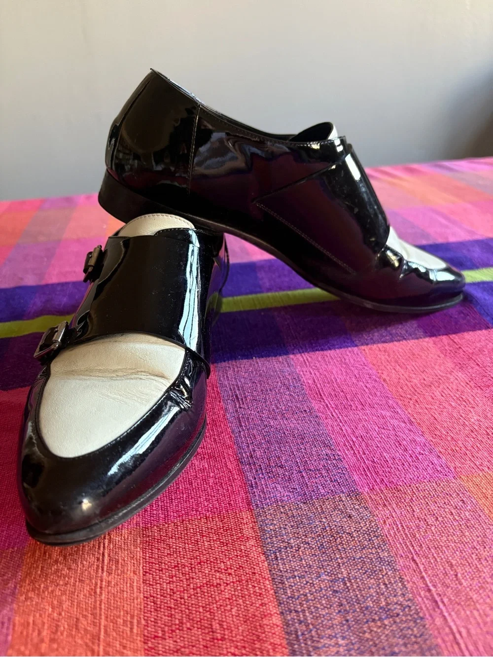 Women’s  Black Patent Leather Double Monk Strap Shoes size 39 in black and white